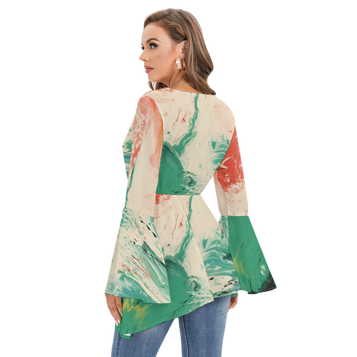 All-Over Print Women's V-neck Blouse With Flared Sleeves
