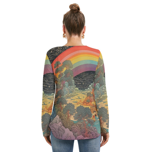 All-Over Print Women's Long Sleeve Neckline Tie Sweatshirt