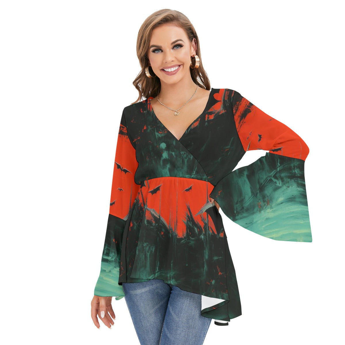 All-Over Print Women's V-neck Blouse With Flared Sleeves