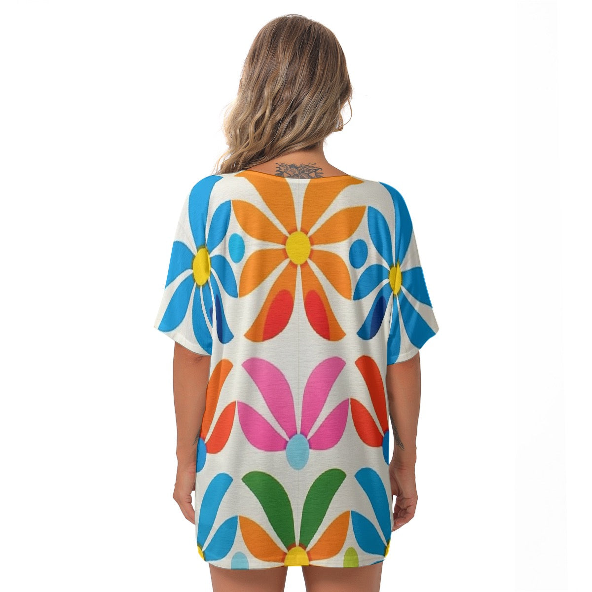 All-Over Print Women's Bat Sleeves V-Neck Blouse