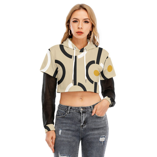 All-Over Print Women's Fake Two-piece Mesh Sleeve Cropped Hoodie