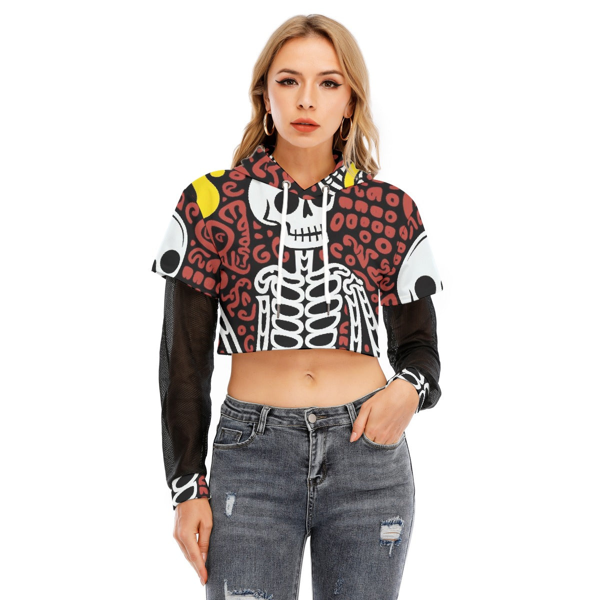 All-Over Print Women's Fake Two-piece Mesh Sleeve Cropped Hoodie