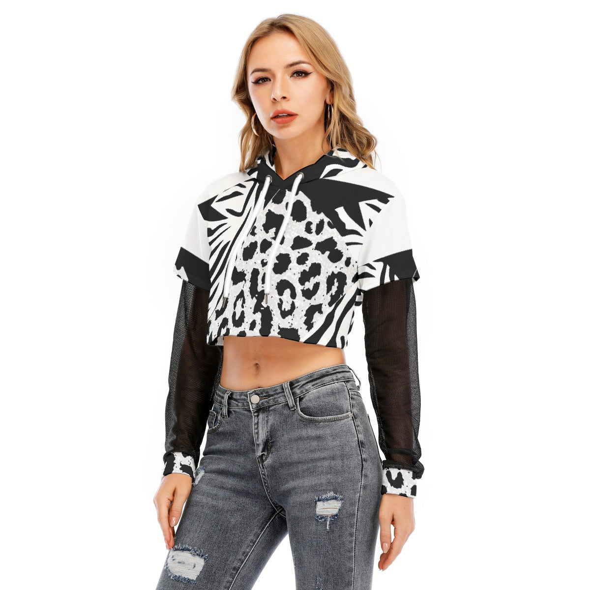 All-Over Print Women's Fake Two-piece Mesh Sleeve Cropped Hoodie