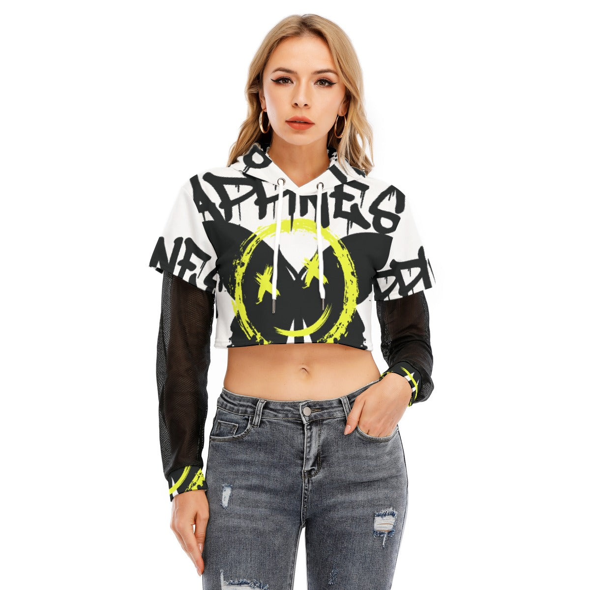 All-Over Print Women's Fake Two-piece Mesh Sleeve Cropped Hoodie