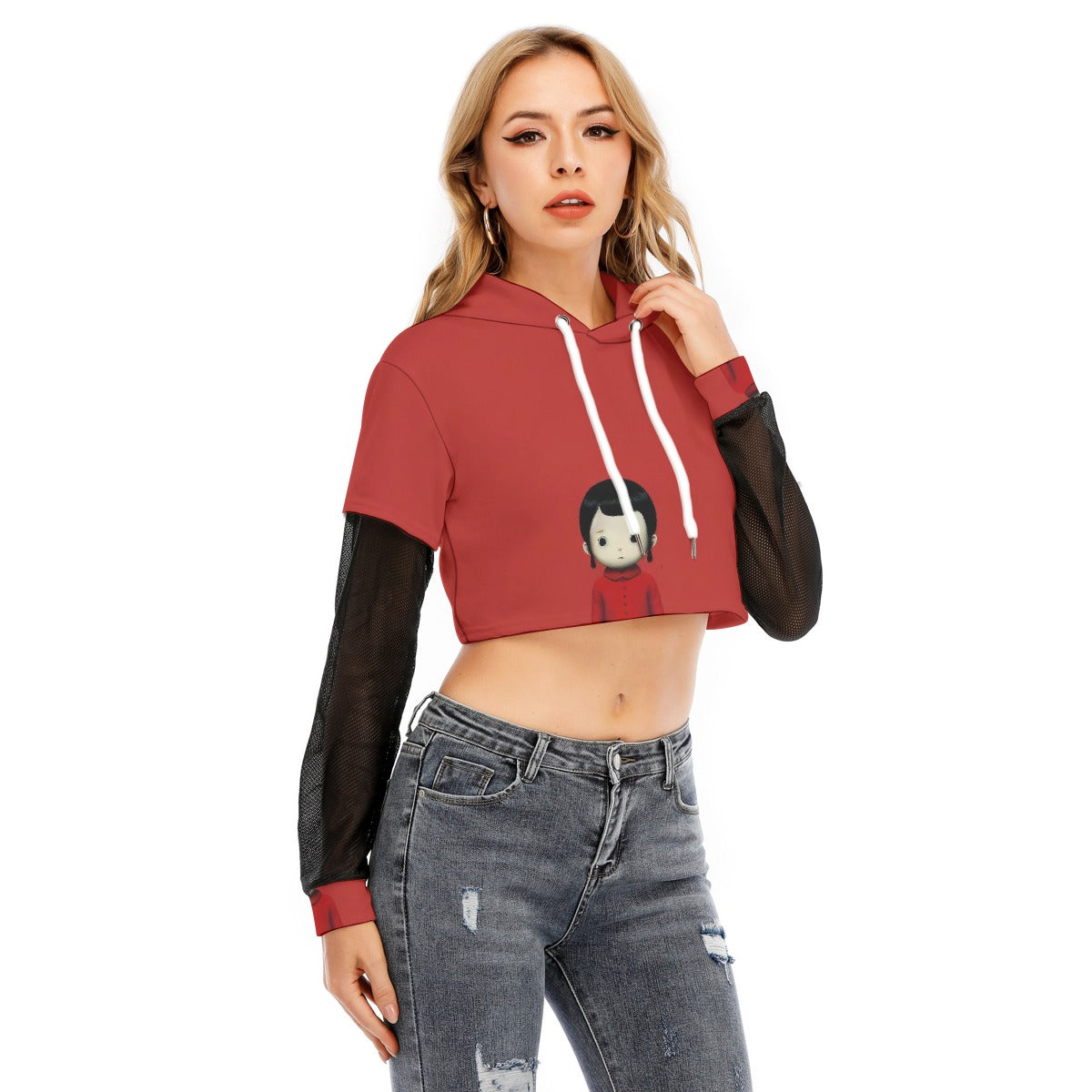 All-Over Print Women's Fake Two-piece Mesh Sleeve Cropped Hoodie