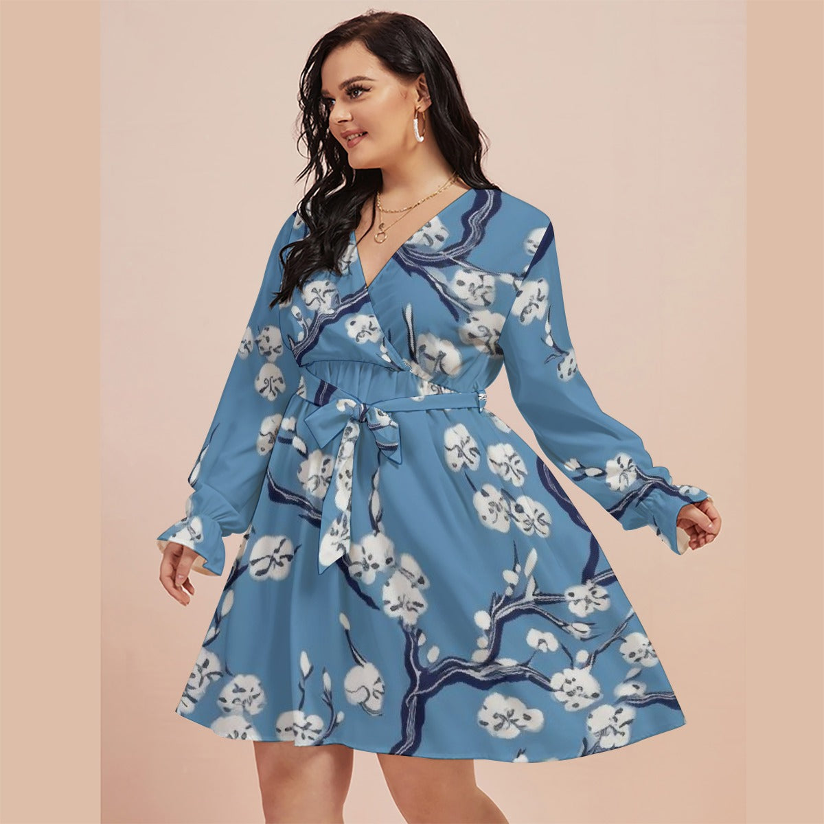 All-Over Print Women's V-neck Dress With Waistband(Plus Size)