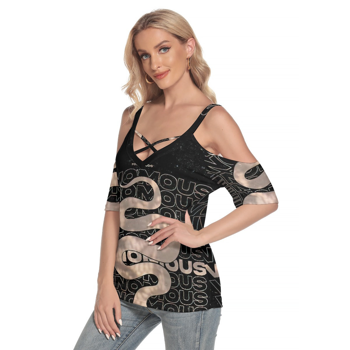 All-Over Print Women's Cold Shoulder T-shirt With Criss Cross Strips