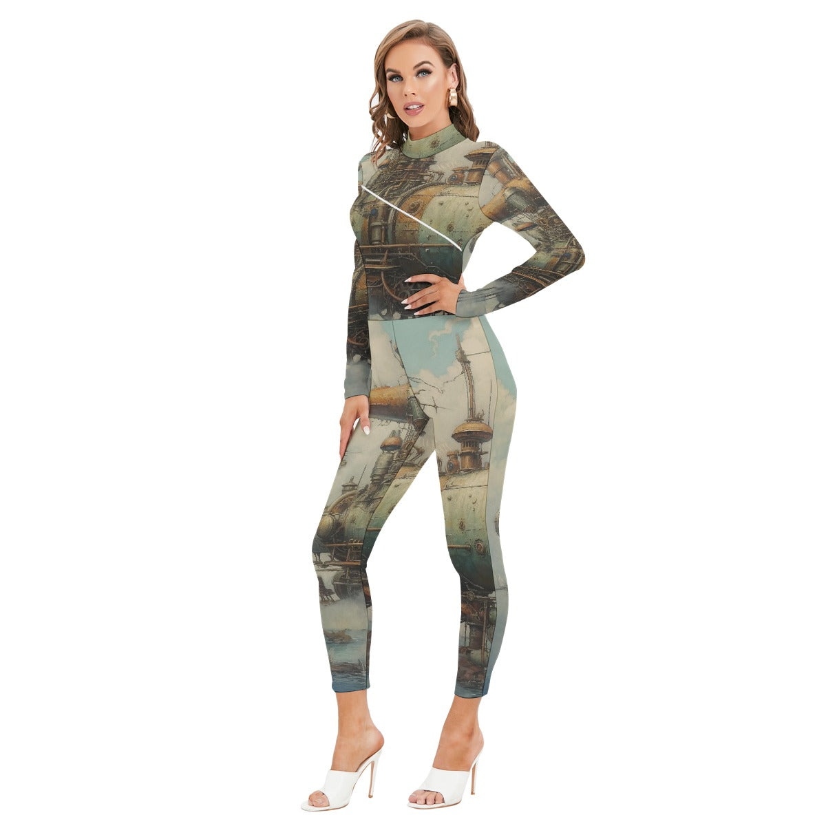 All-Over Print Women's Long-sleeved High-neck Jumpsuit With Zipper