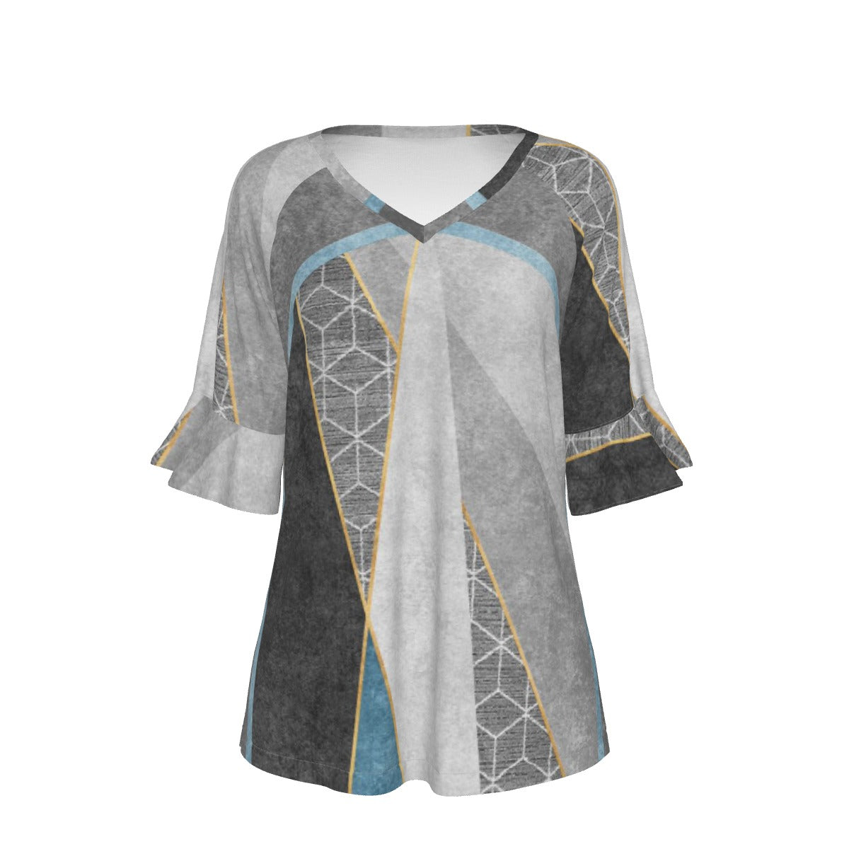 All-Over Print V-neck Women's T-shirt With Bell Sleeve