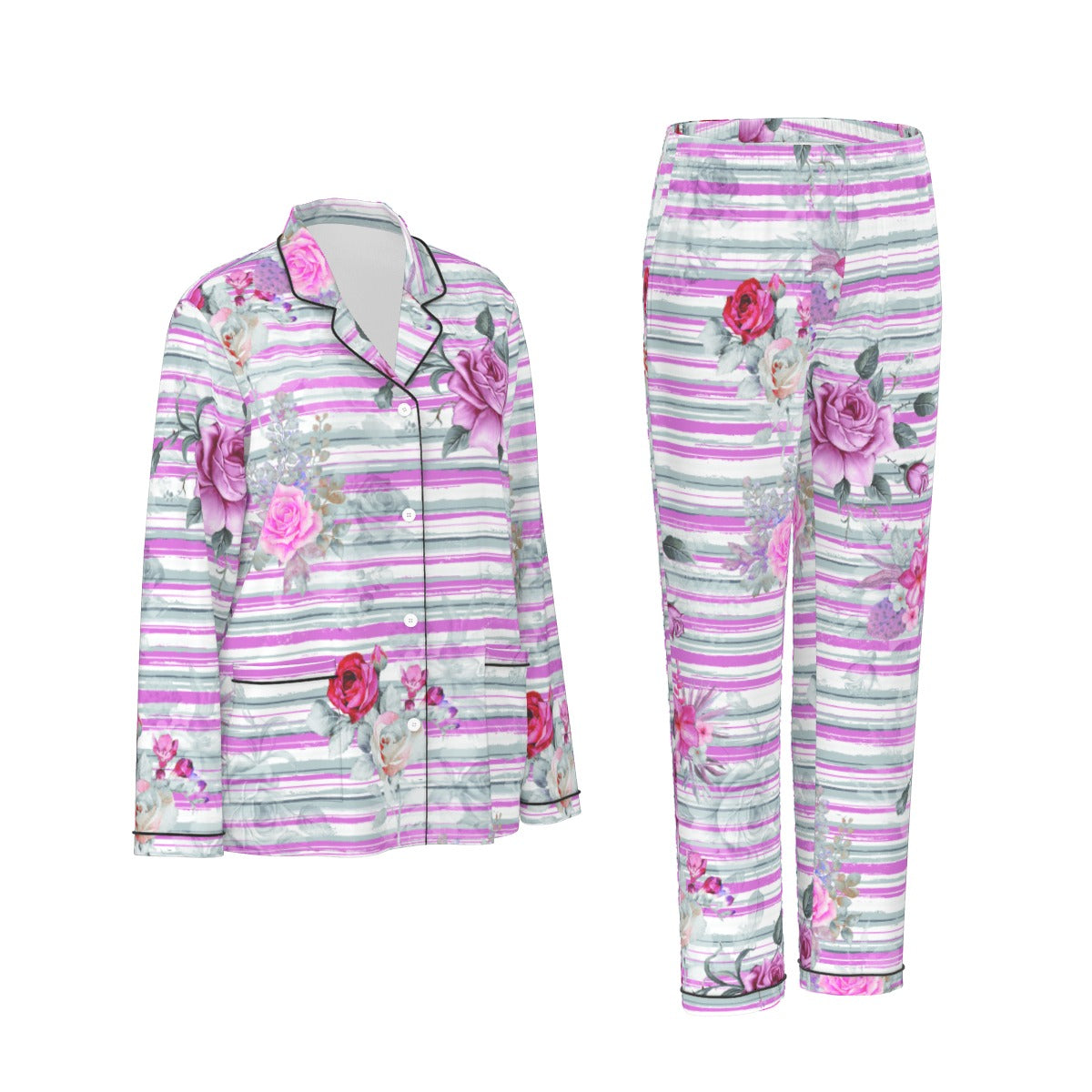 All-Over Print Women's Long Sleeve Pajama Set With Black Contrast Piping
