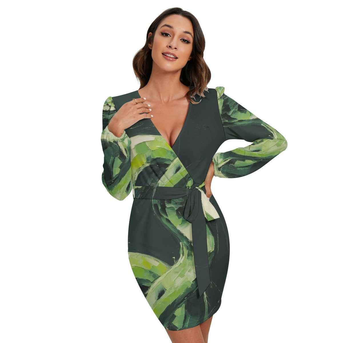 All-Over Print Women's Long Sleeve Dress With Waist Belt