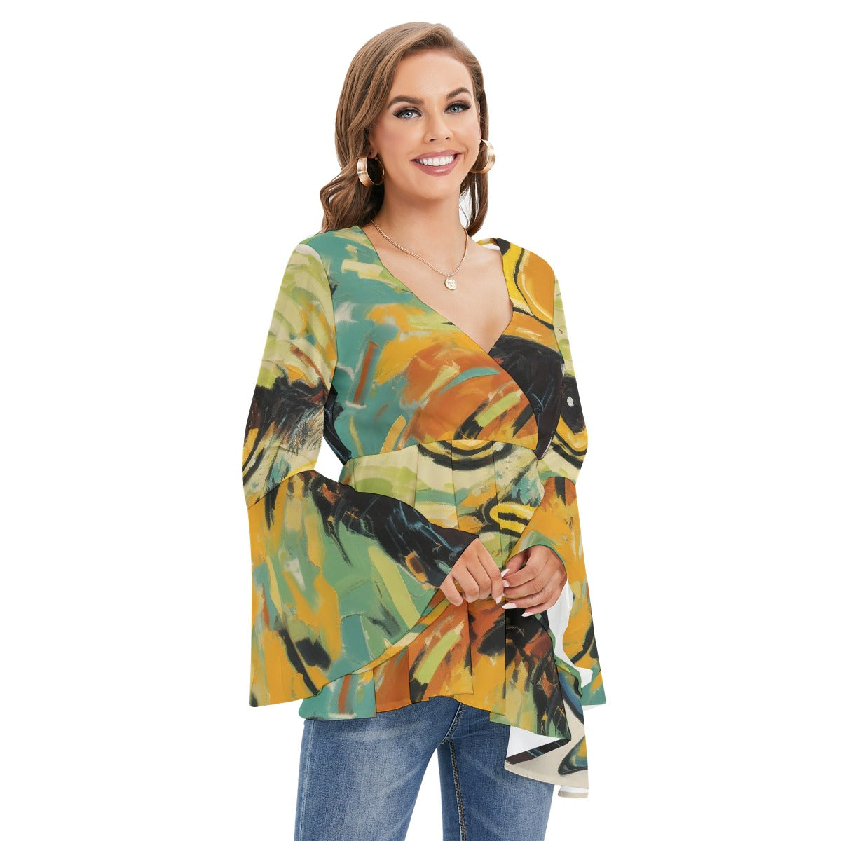 All-Over Print Women's V-neck Blouse With Flared Sleeves