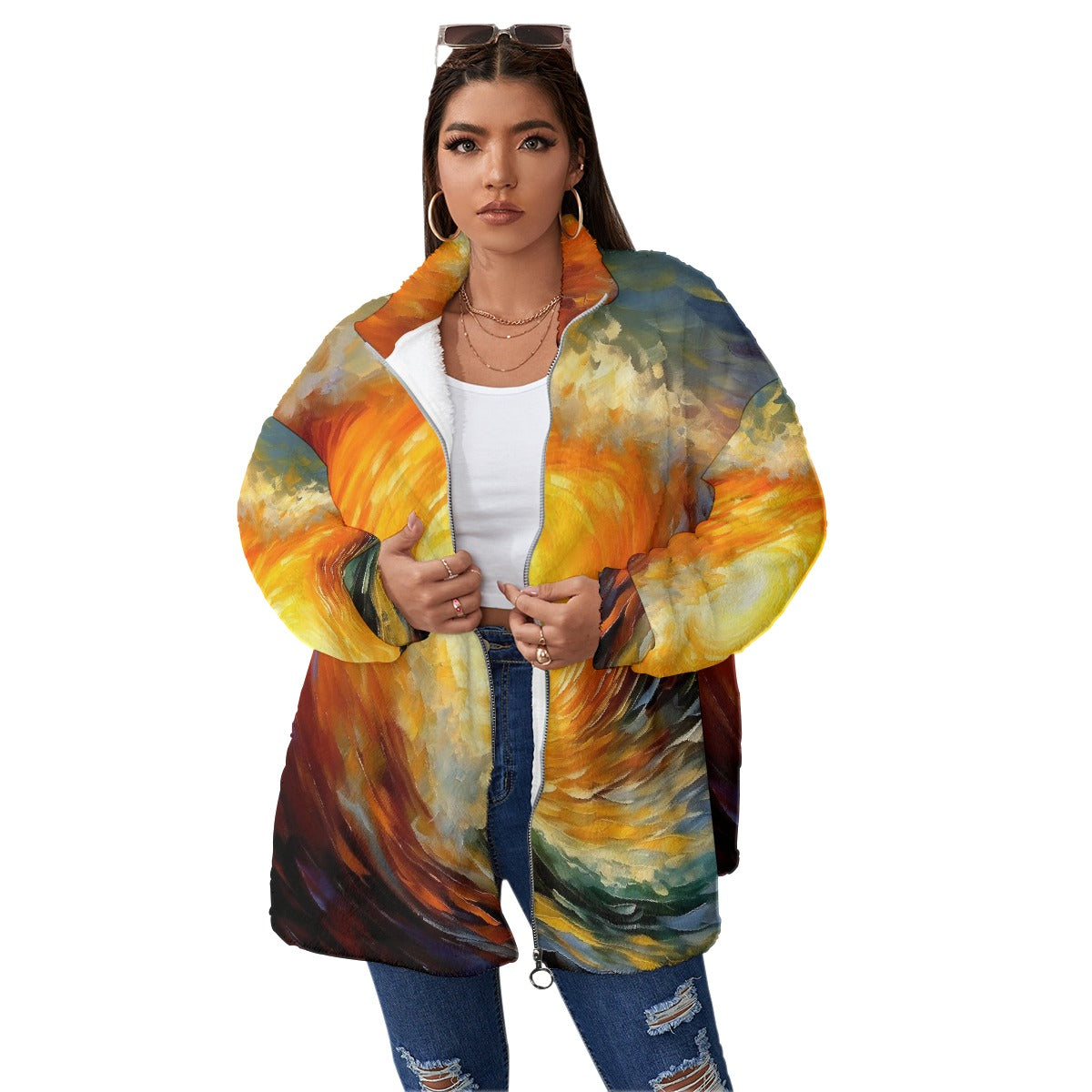 All-Over Print Unisex Borg Fleece Stand-up Collar Coat With Zipper Closure(Plus Size)