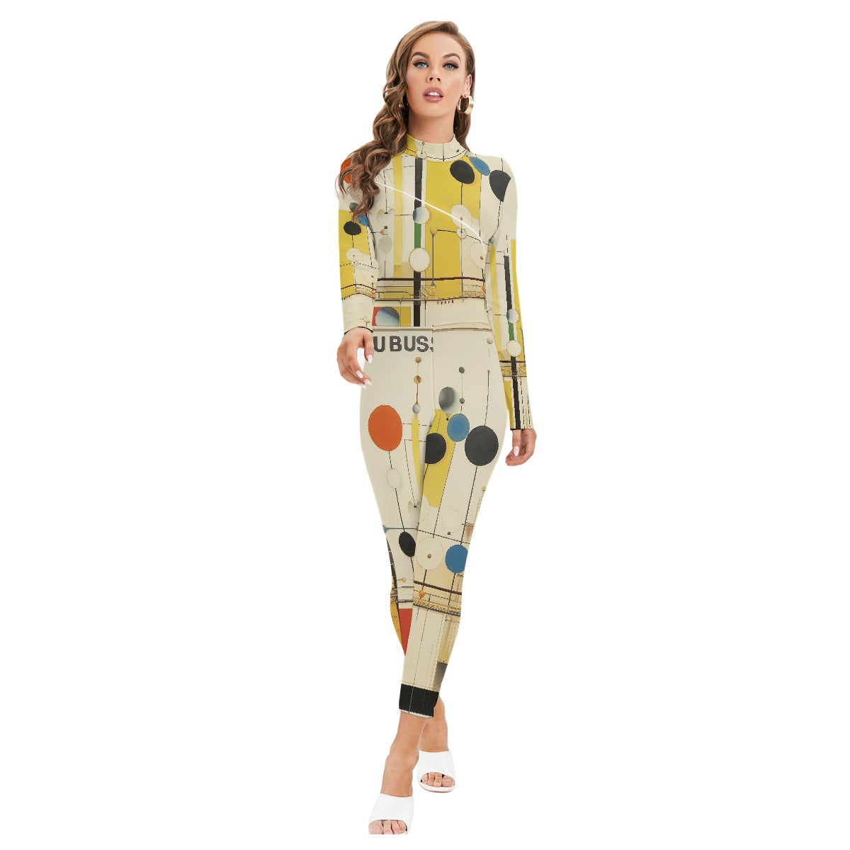 All-Over Print Women's Long-sleeved High-neck Jumpsuit With Zipper