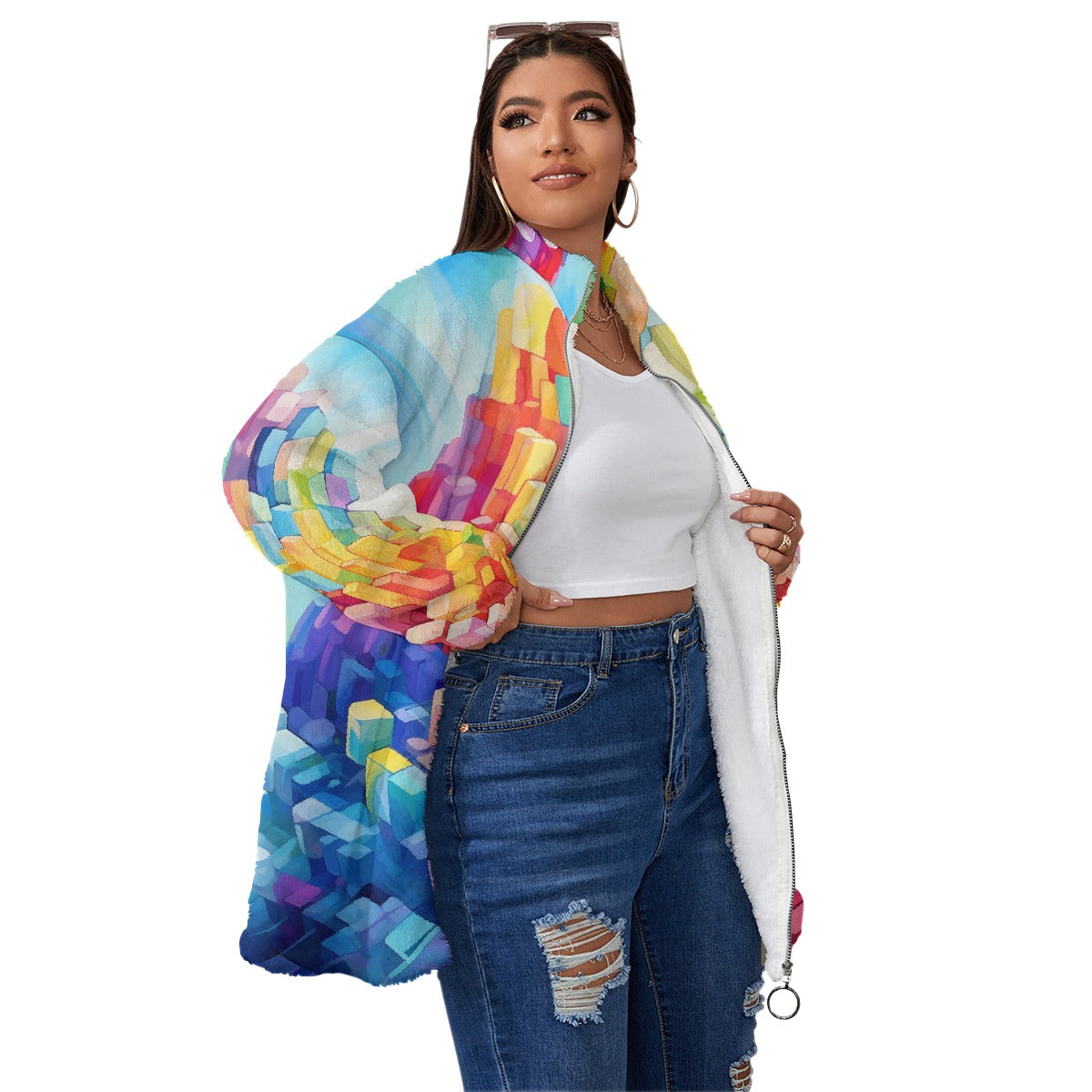 All-Over Print Unisex Borg Fleece Stand-up Collar Coat With Zipper Closure(Plus Size)