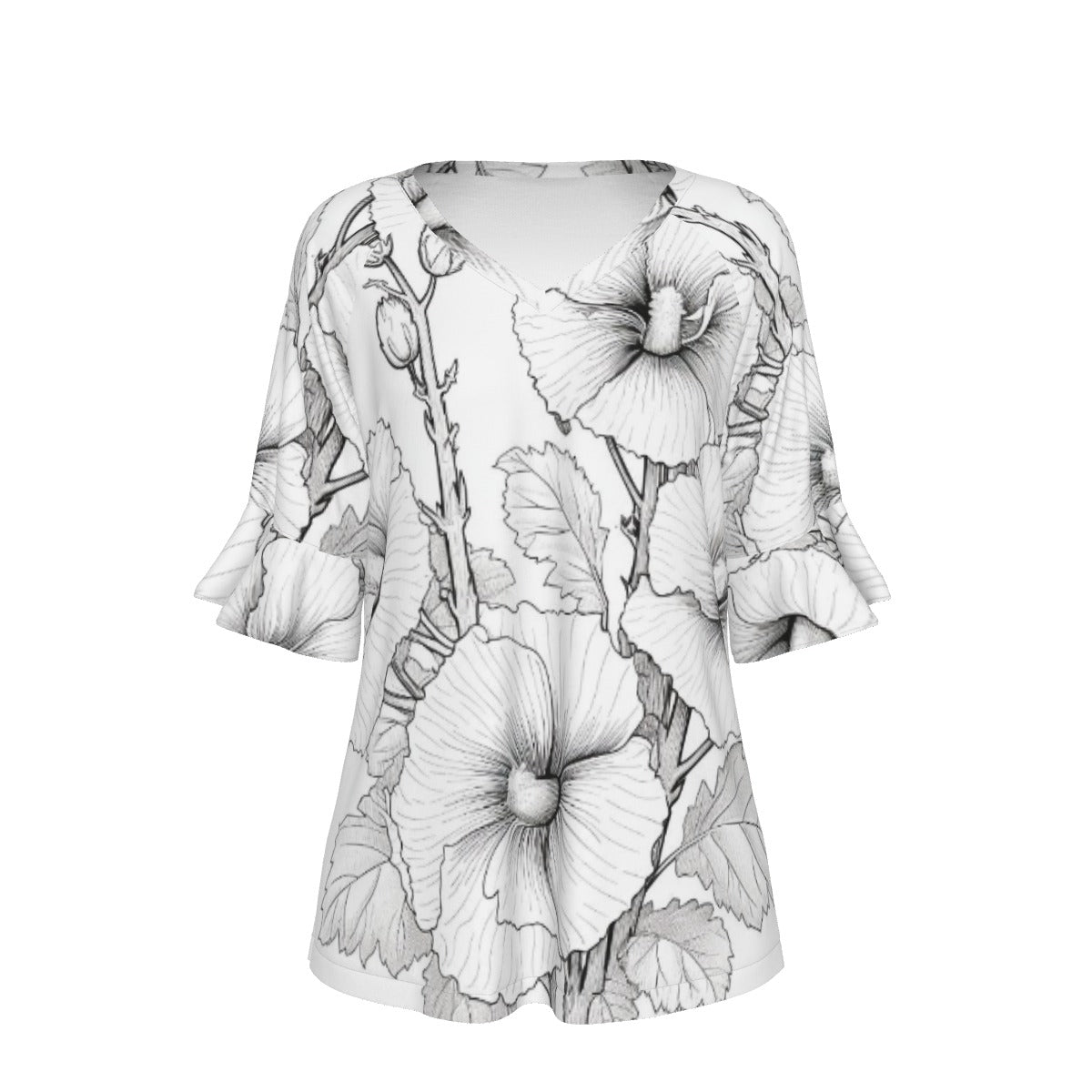 All-Over Print V-neck Women's T-shirt With Bell Sleeve