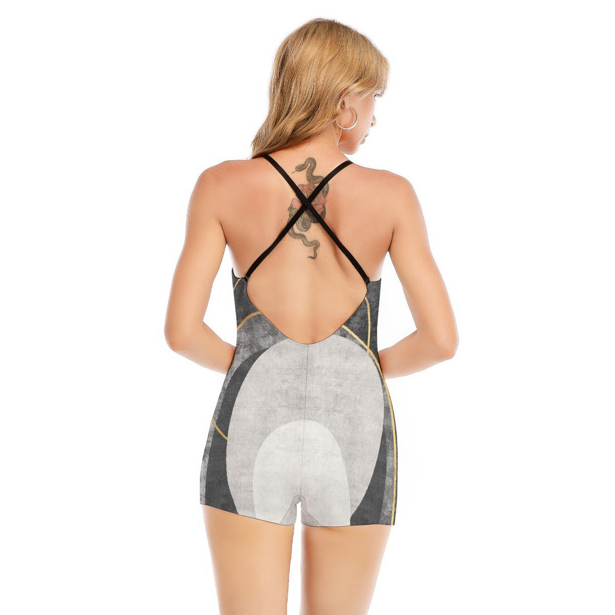 All-Over Print Women's Backless Romper With Black Straps