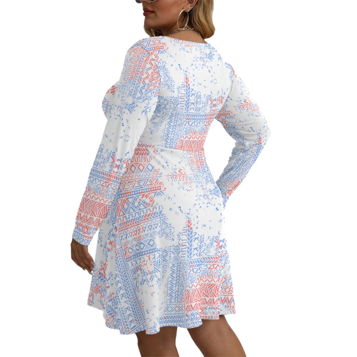All-Over Print Women's V-neck Long Sleeve Dress(Plus Size)