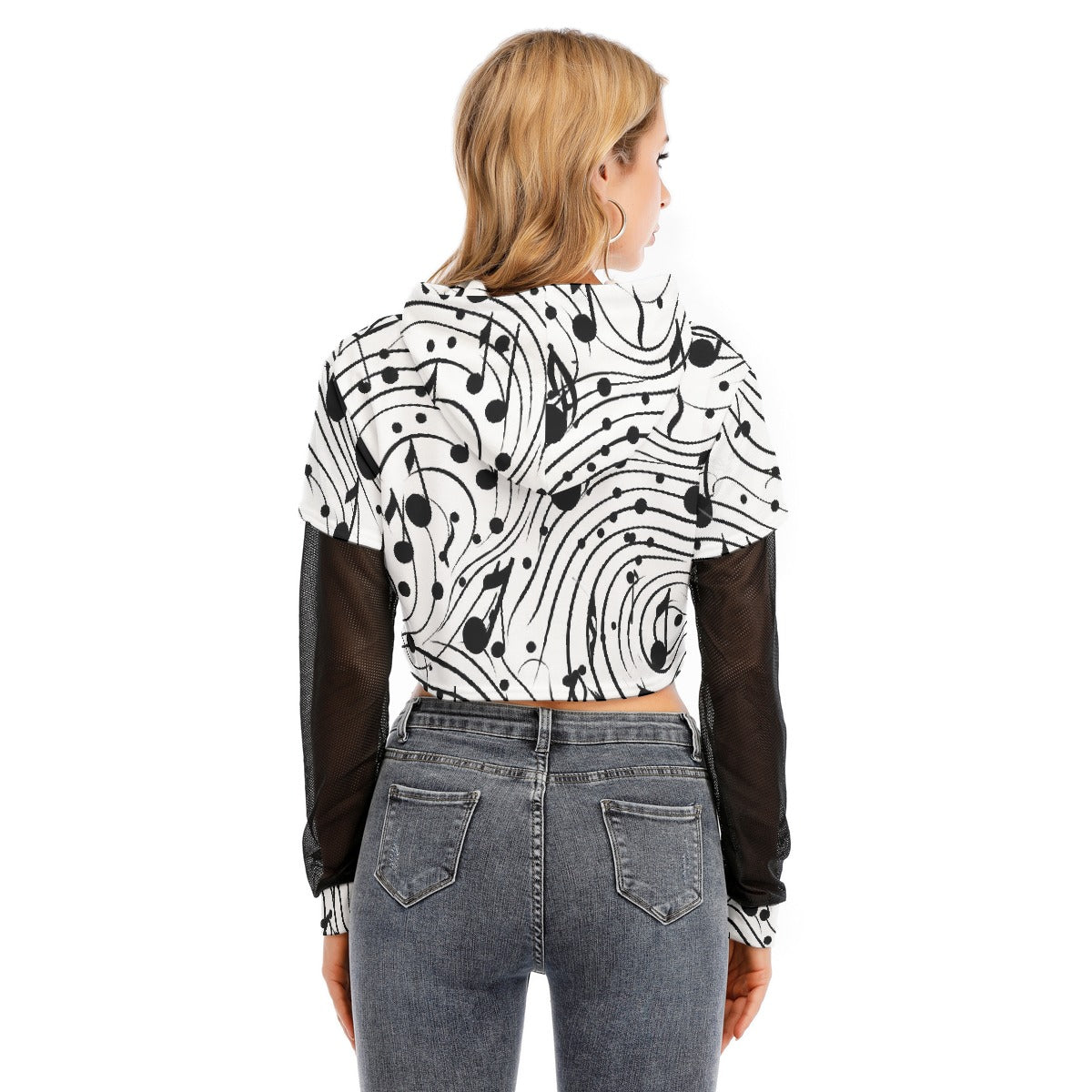 All-Over Print Women's Fake Two-piece Mesh Sleeve Cropped Hoodie