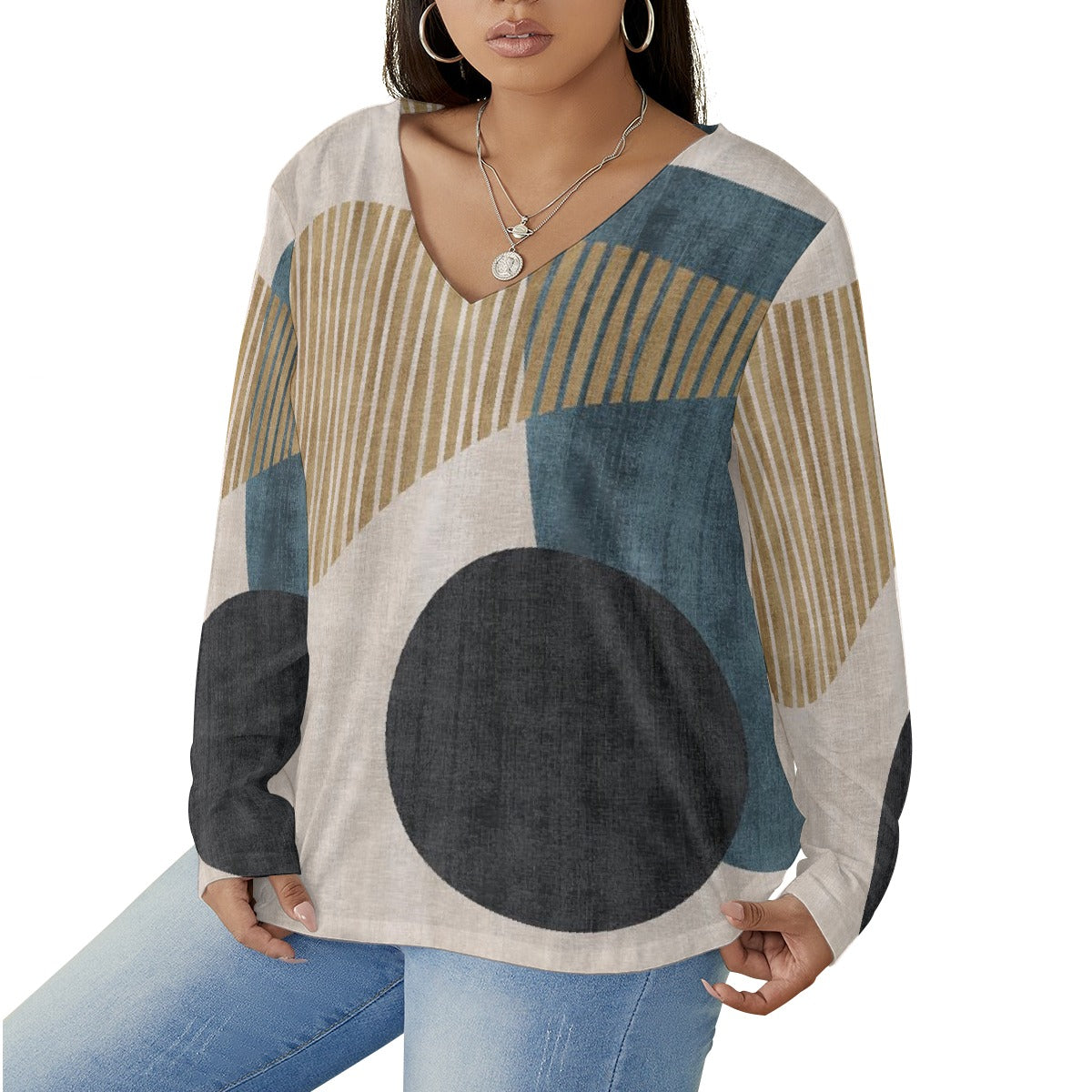 All-Over Print Women's V-neck T-shirt With Curved Hem(Plus Size)