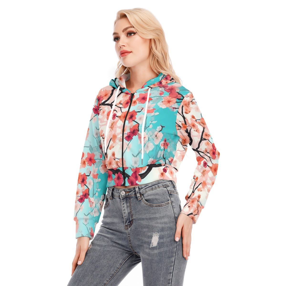 All-Over Print Women's Crop Top Hoodie With Zipper Closure