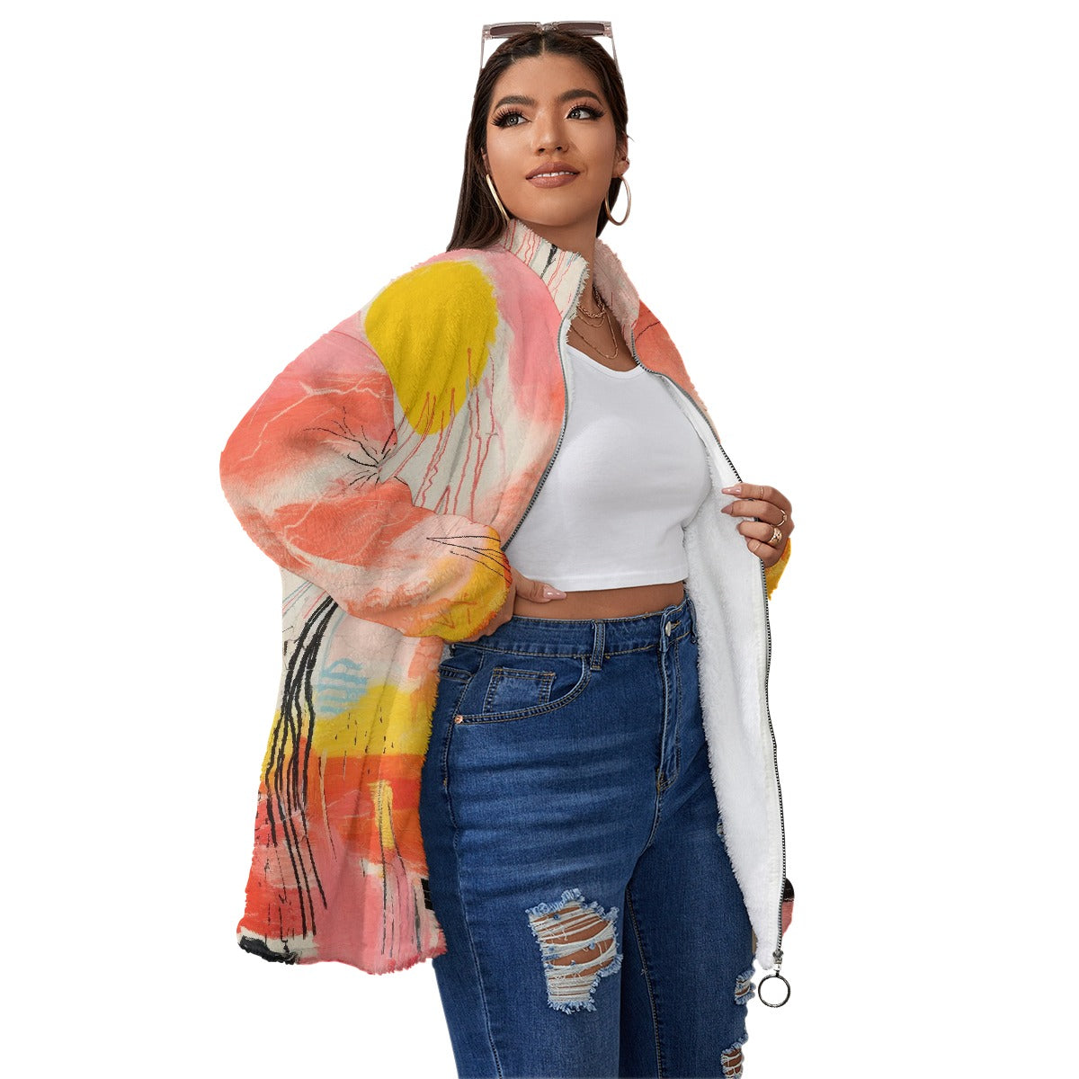 All-Over Print Unisex Borg Fleece Stand-up Collar Coat With Zipper Closure(Plus Size)