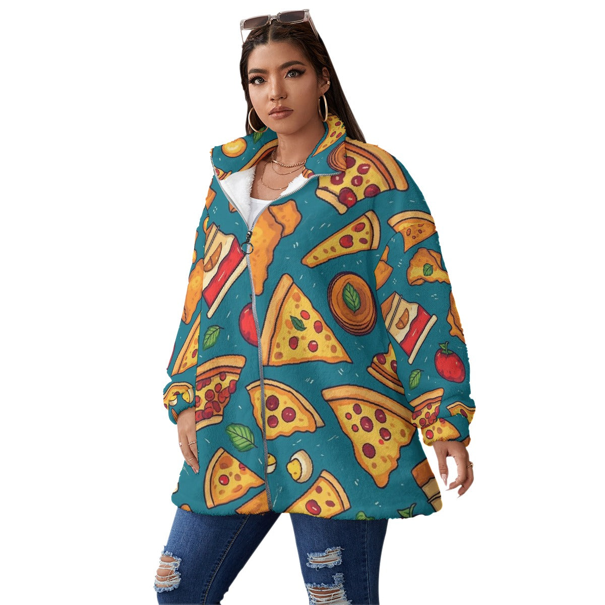 All-Over Print Unisex Borg Fleece Stand-up Collar Coat With Zipper Closure(Plus Size)