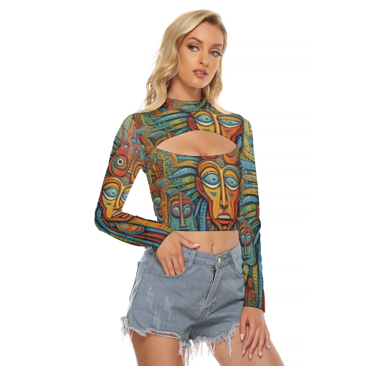All-Over Print Women's Hollow Chest Keyhole Tight Crop Top