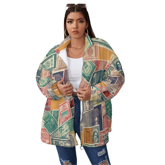 All-Over Print Unisex Borg Fleece Stand-up Collar Coat With Zipper Closure(Plus Size)