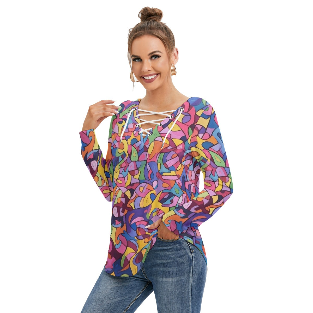 All-Over Print Women's Long Sleeve Neckline Tie Sweatshirt