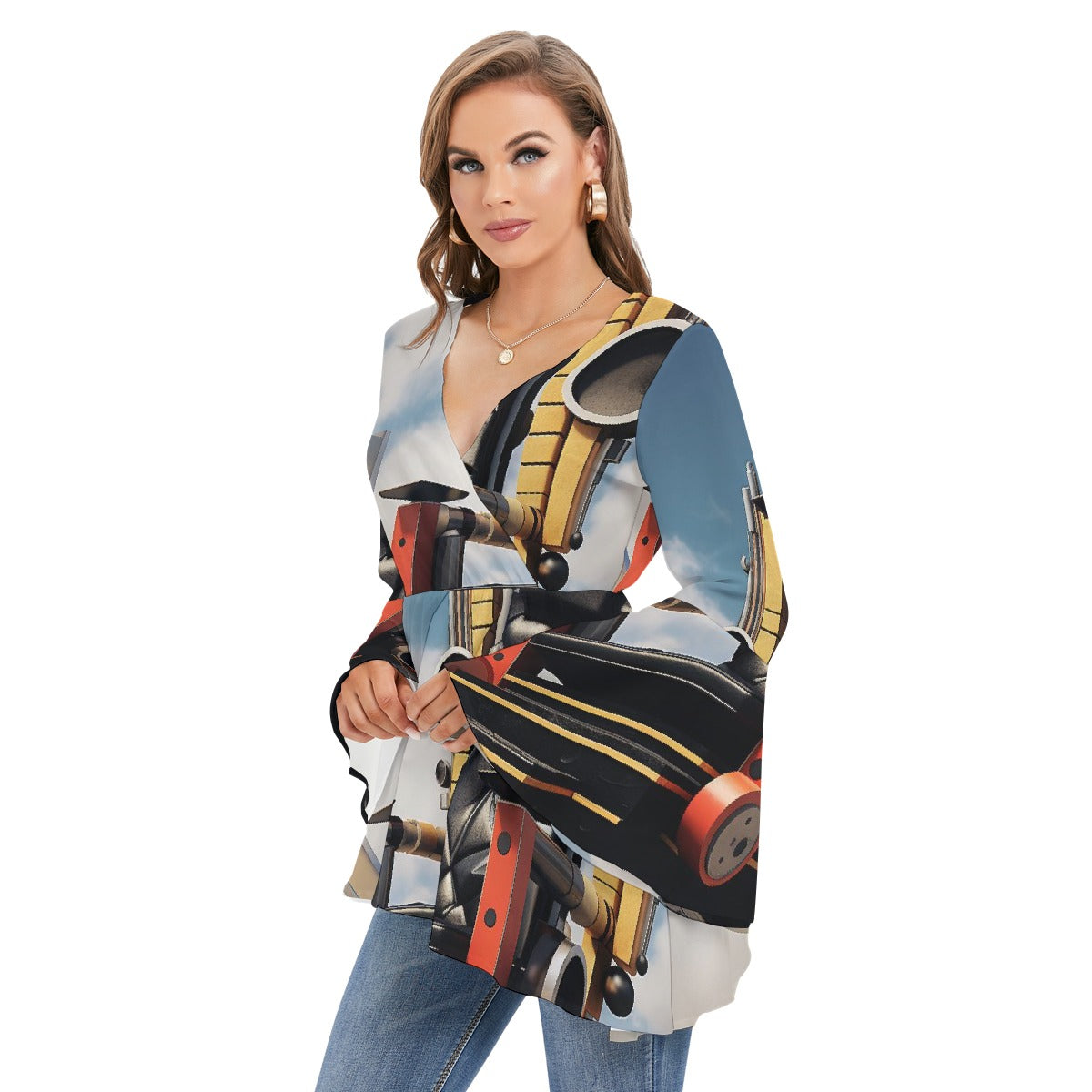 All-Over Print Women's V-neck Blouse With Flared Sleeves