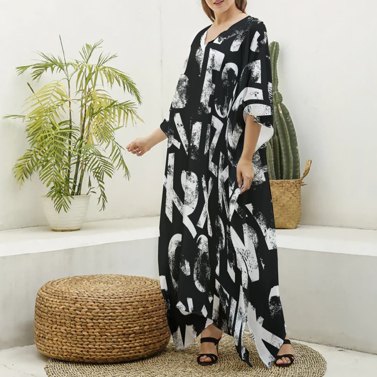 All-Over Print Women's Imitation Silk V-neck Kaftan Robe