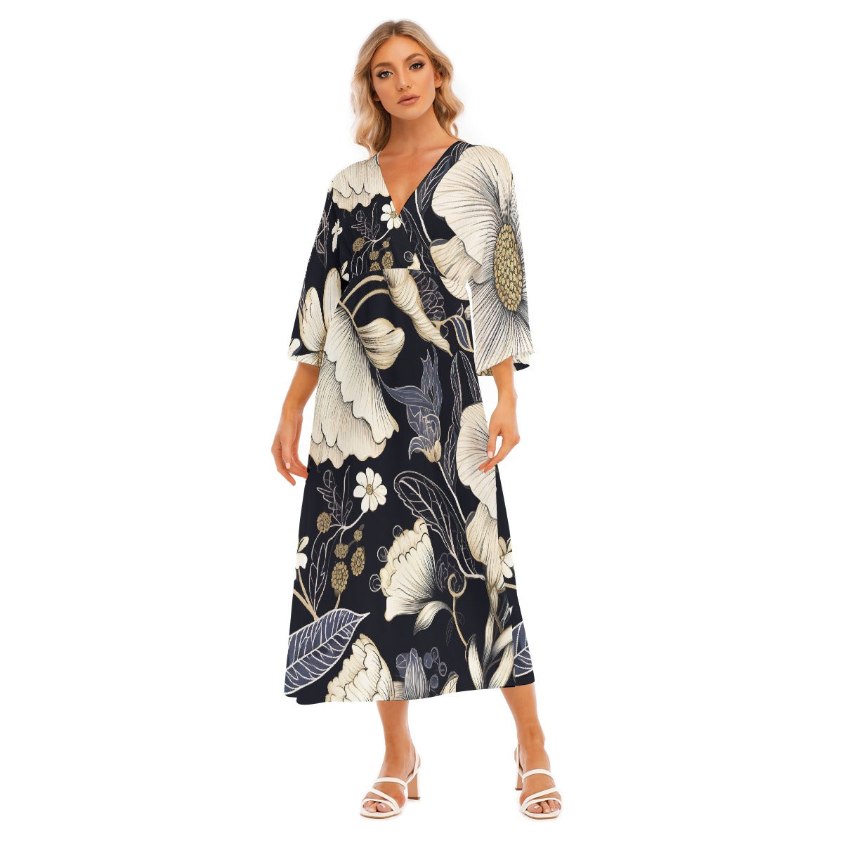 All-Over Print Women's Mid-Sleeve Long Dress