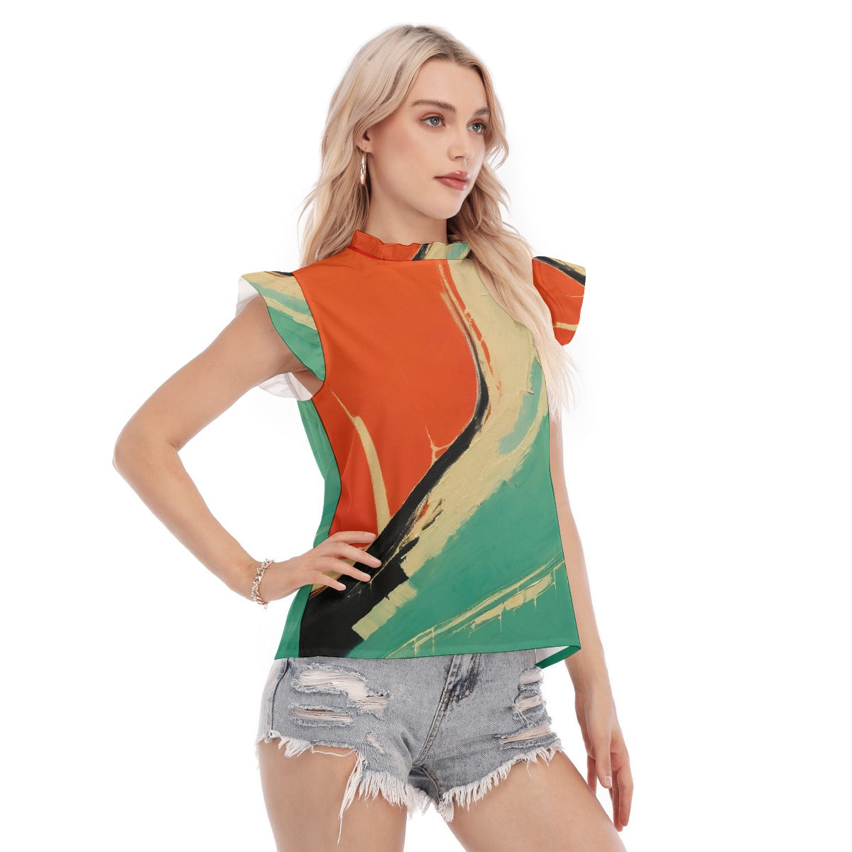 All-Over Print Women's Blouse With Ruffle Collar And Sleeve