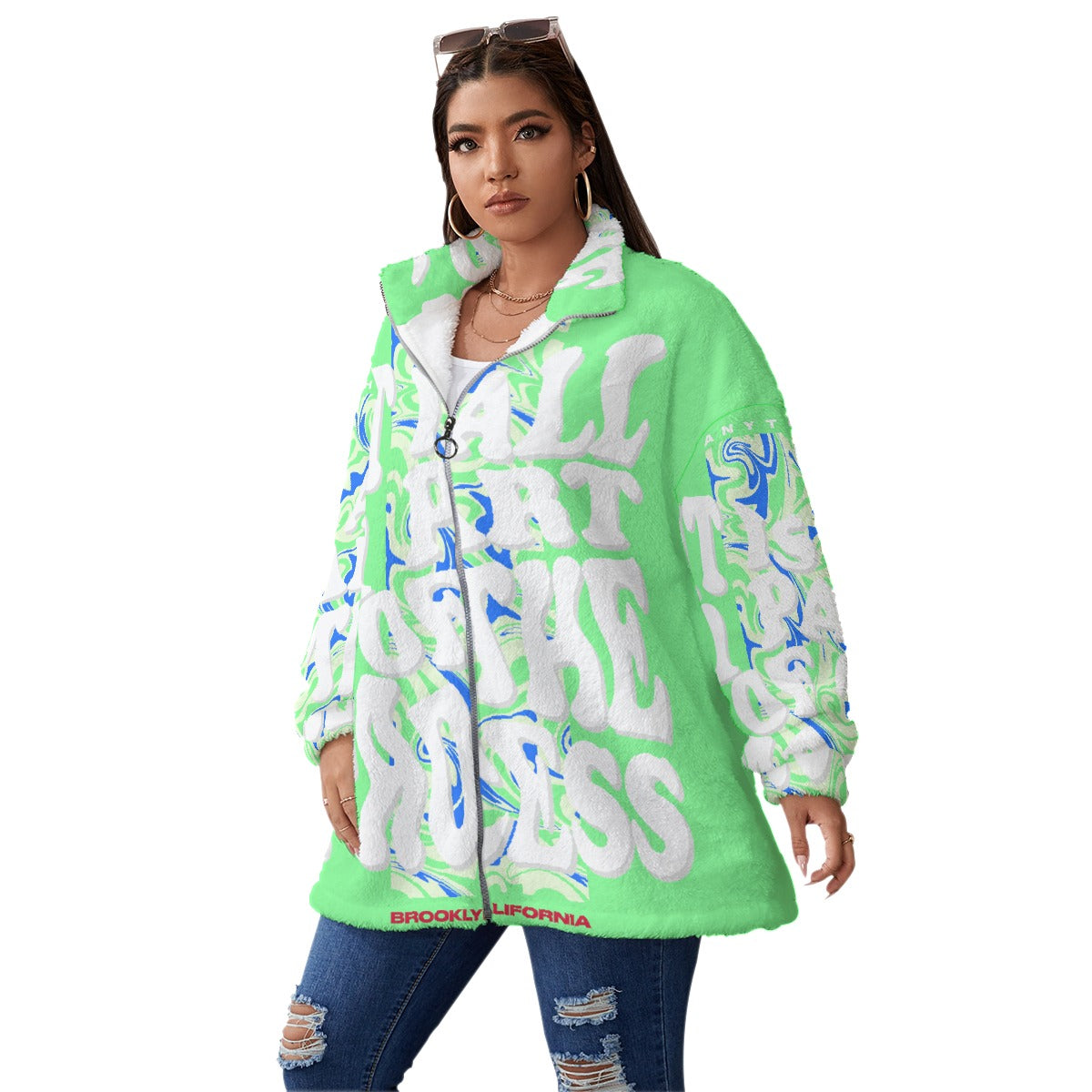 All-Over Print Unisex Borg Fleece Stand-up Collar Coat With Zipper Closure(Plus Size)