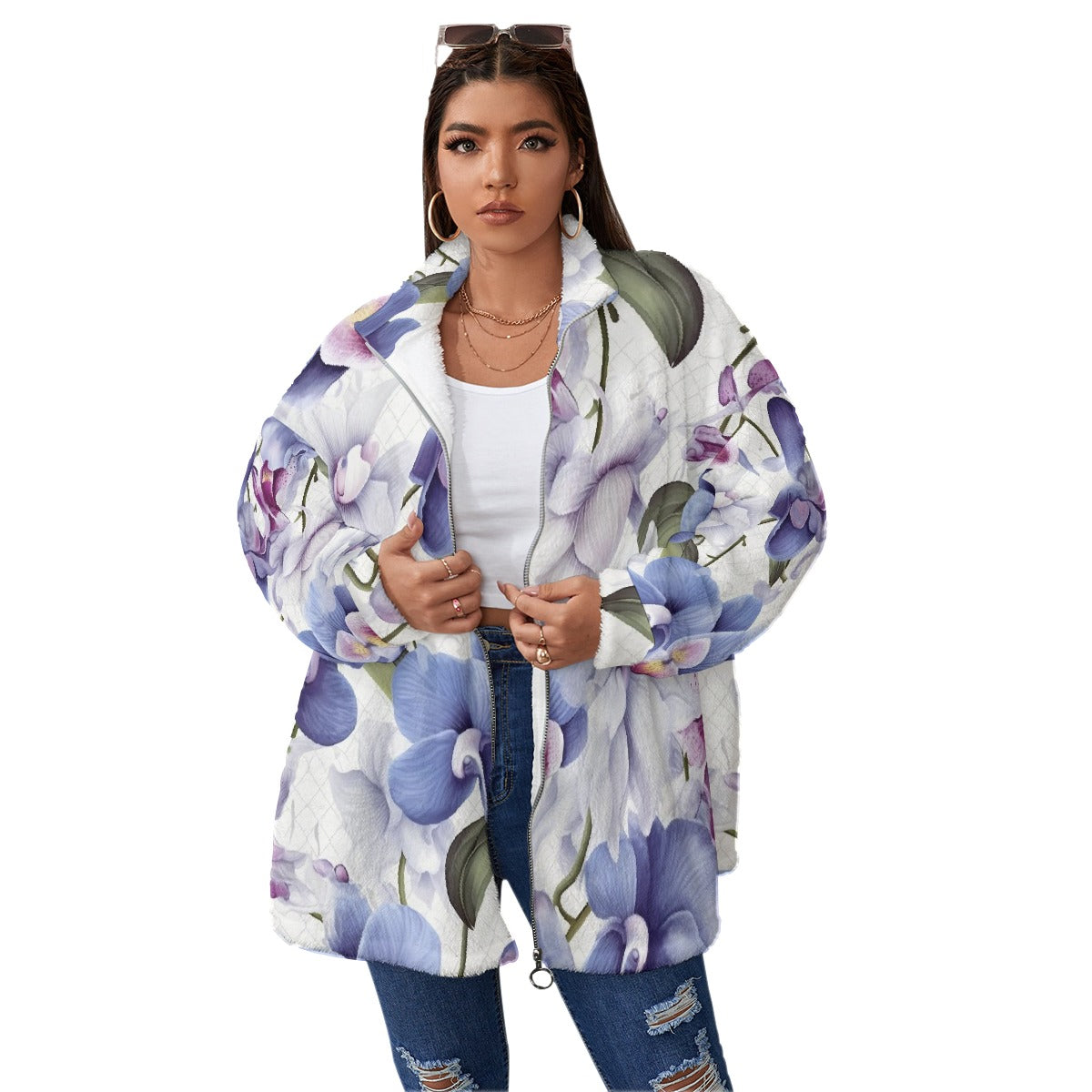 All-Over Print Unisex Borg Fleece Stand-up Collar Coat With Zipper Closure(Plus Size)