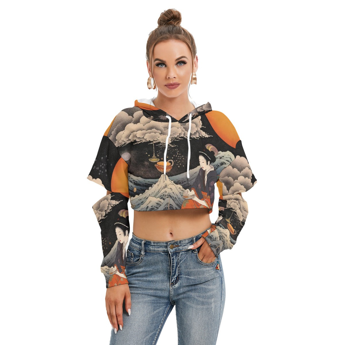 All-Over Print Women's Heavy Fleece Hoodie With Hollow Out Sleeve