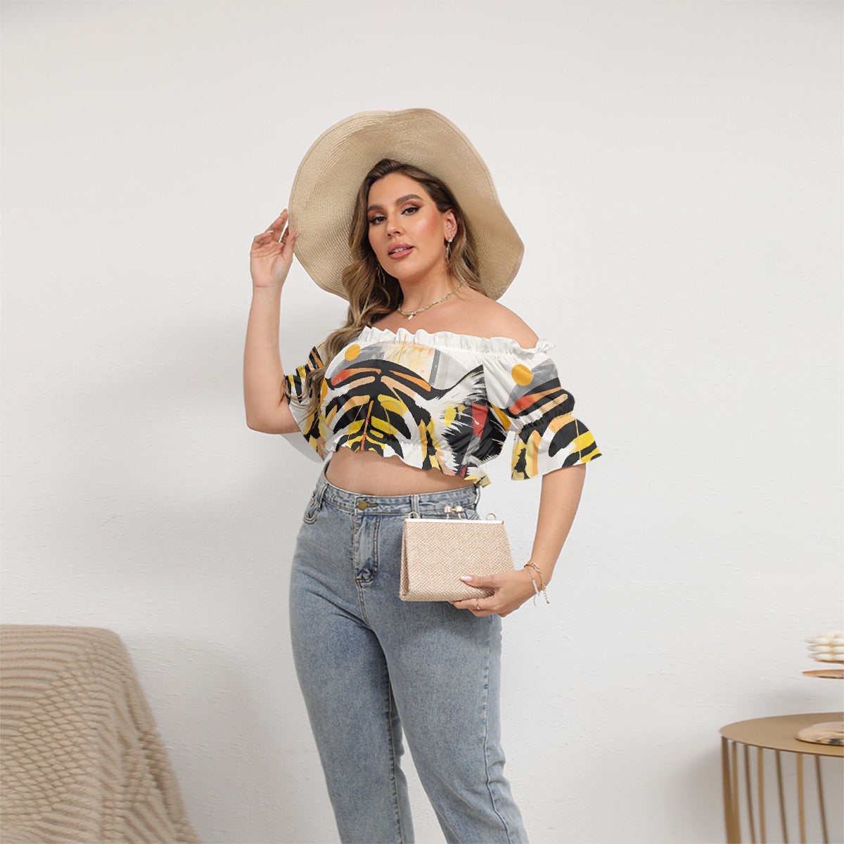 All-Over Print Women's Off-shoulder Cropped Top With Short Puff Sleeve