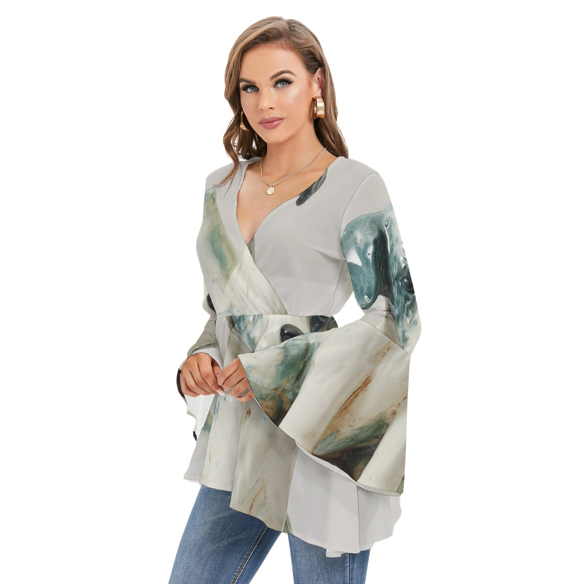 All-Over Print Women's V-neck Blouse With Flared Sleeves