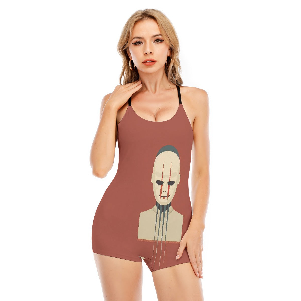 All-Over Print Women's Backless Romper With Black Straps