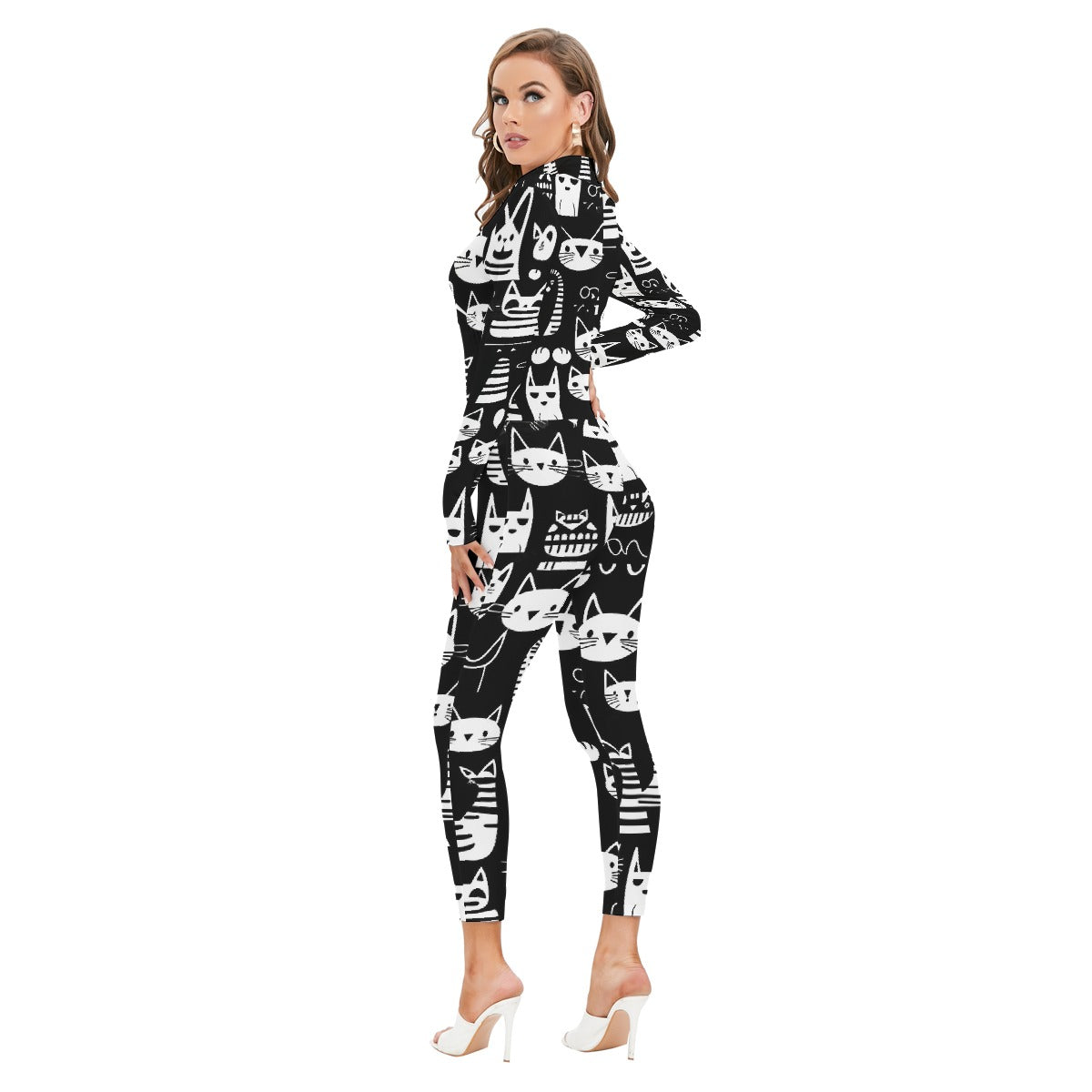 All-Over Print Women's Long-sleeved High-neck Jumpsuit With Zipper