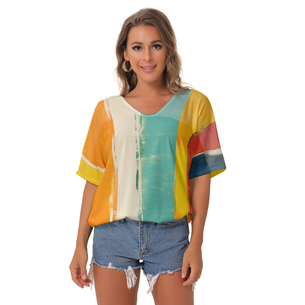 All-Over Print Women's Bat Sleeves V-Neck Blouse