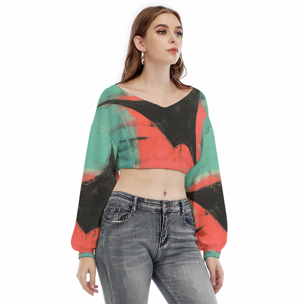 All-Over Print Women's V-neck Long Sleeve Cropped Sweatshirt