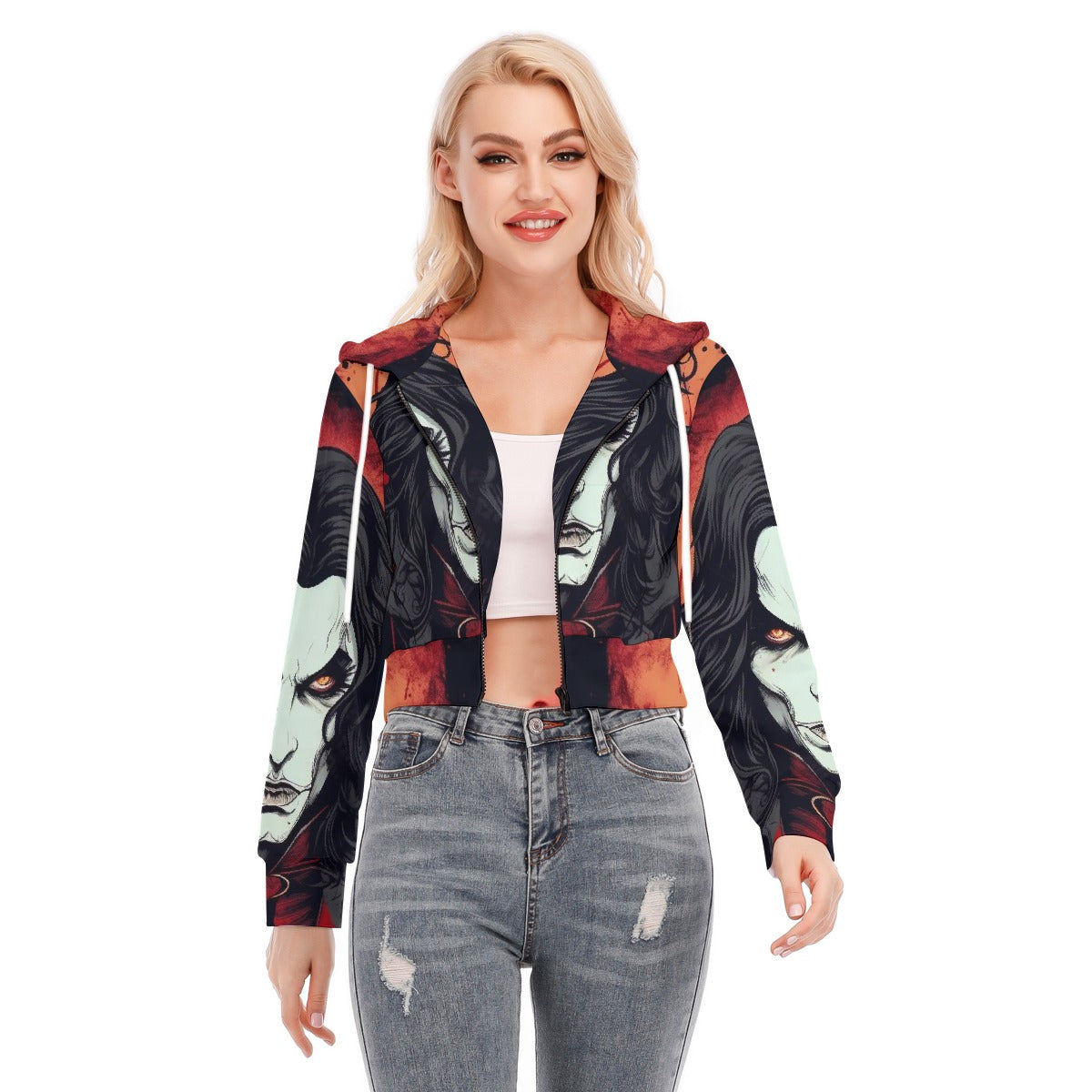 All-Over Print Women's Crop Top Hoodie With Zipper Closure