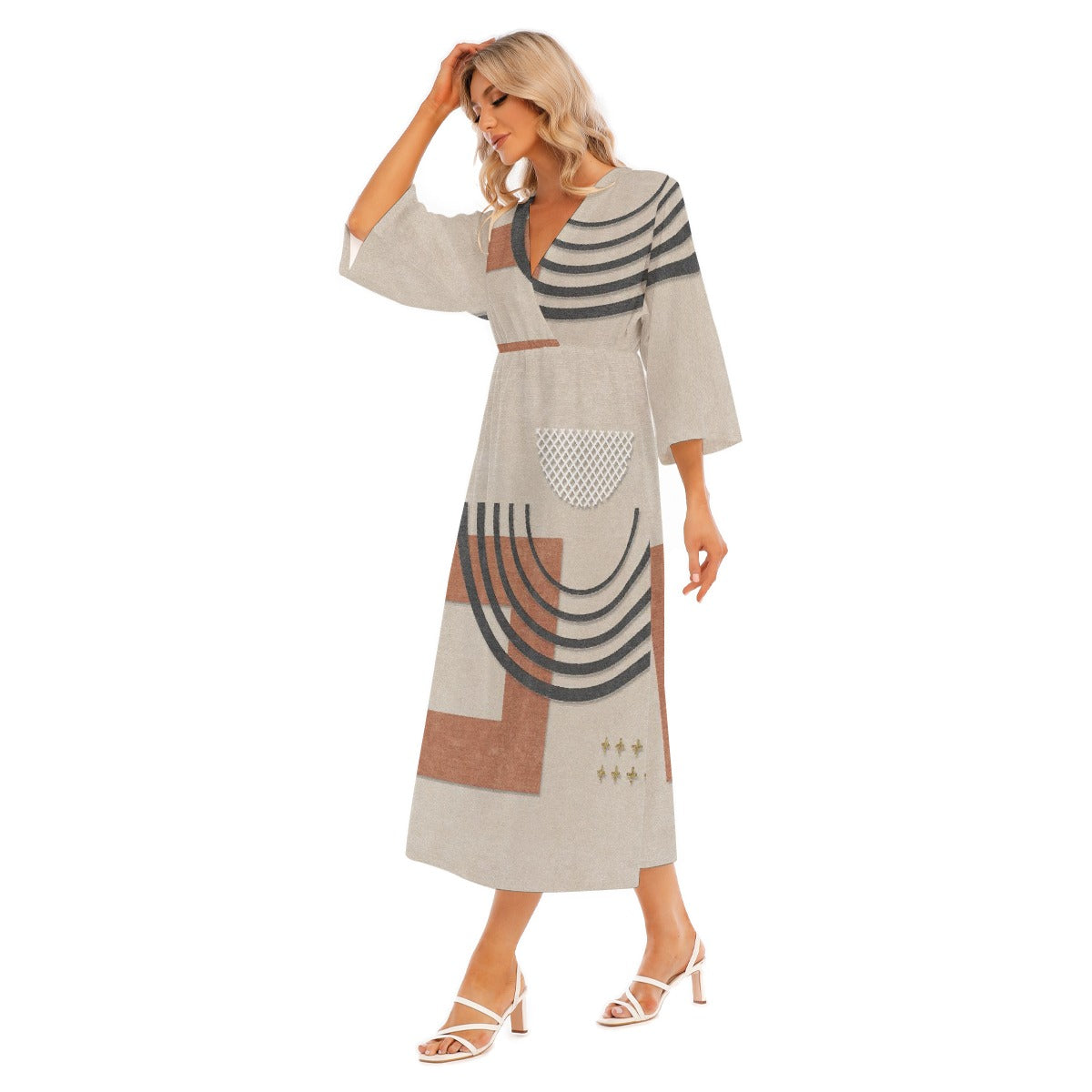 All-Over Print Women's Mid-Sleeve Long Dress