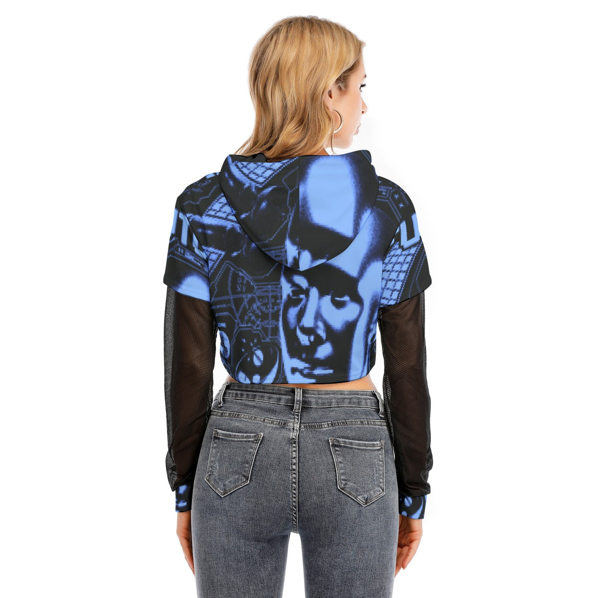 All-Over Print Women's Fake Two-piece Mesh Sleeve Cropped Hoodie