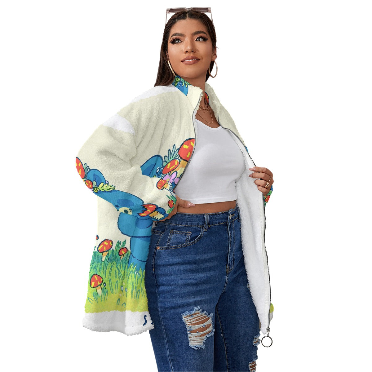 All-Over Print Unisex Borg Fleece Stand-up Collar Coat With Zipper Closure(Plus Size)