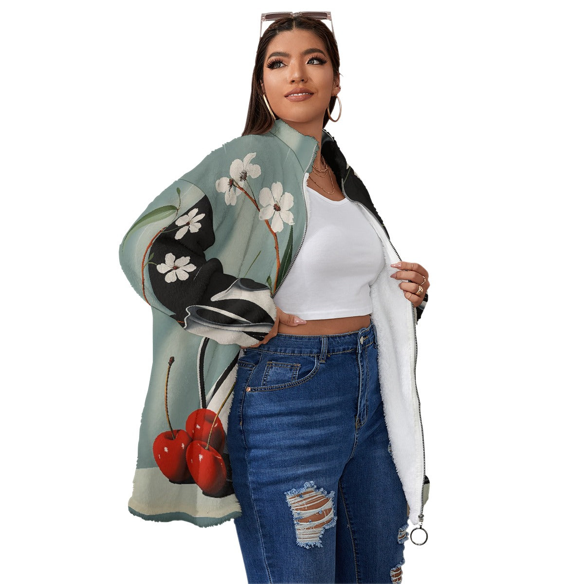 All-Over Print Unisex Borg Fleece Stand-up Collar Coat With Zipper Closure(Plus Size)