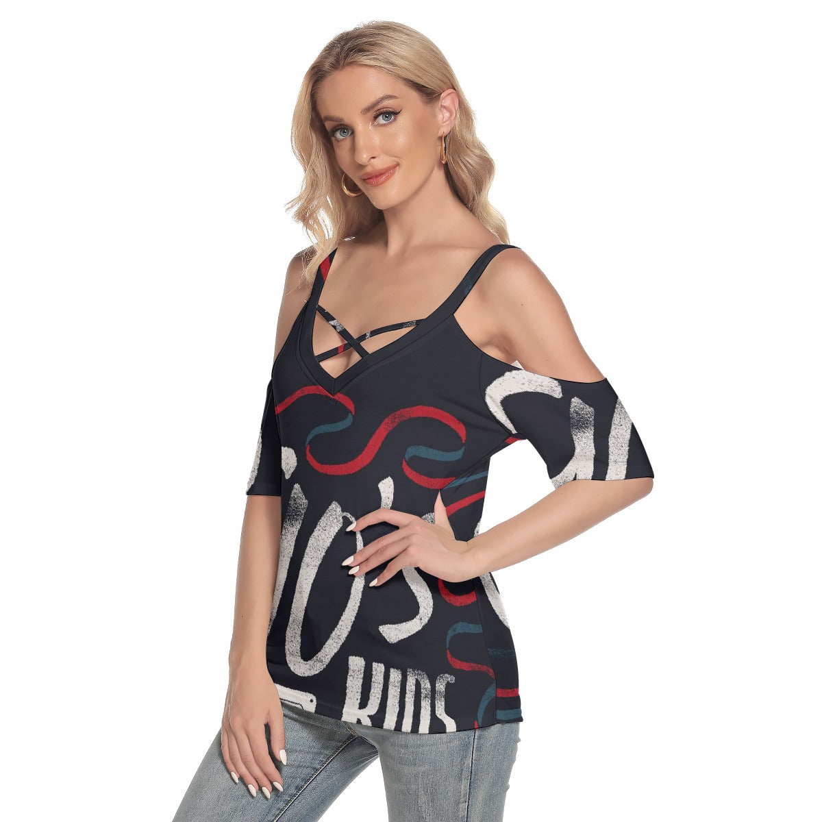 All-Over Print Women's Cold Shoulder T-shirt With Criss Cross Strips