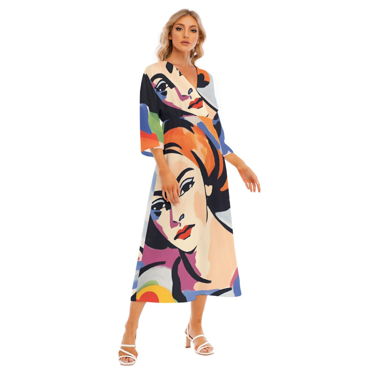 All-Over Print Women's Mid-Sleeve Long Dress